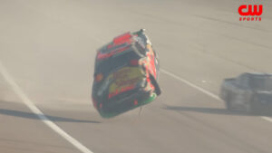 Carson Kvapil flips on Lap 2 of NASCAR O'Reilly Auto Parts Series race at Kansas Speedway.