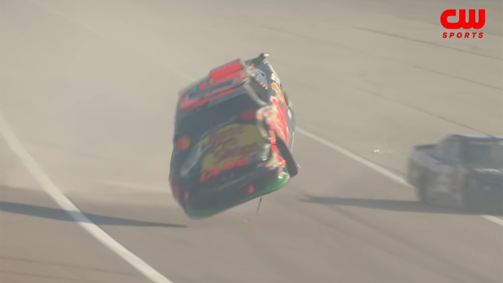 Carson Kvapil flips on Lap 2 of NASCAR O'Reilly Auto Parts Series race at Kansas Speedway.