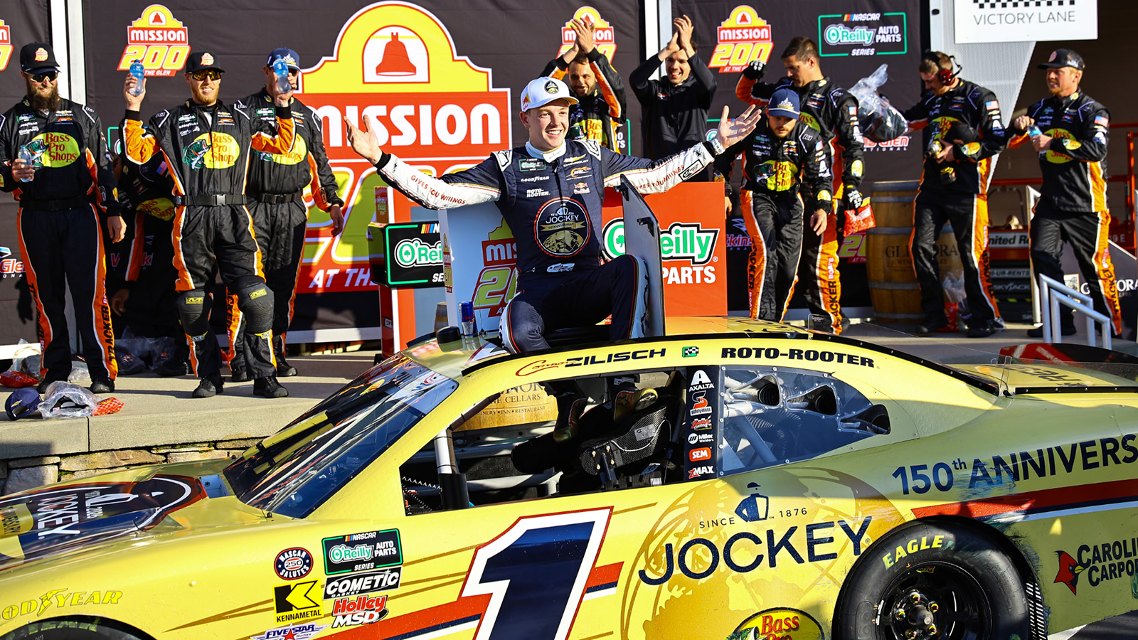 Connor Zilisch celebrates a win in the Mission 200 at The Glen NASCAR O'Reilly Auto Parts Series race