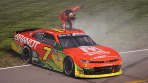 Justin Allgaier emerged victorious in the Sports Illustrated Resorts 250 at Nashville after a late-race duel with Brent Crews.