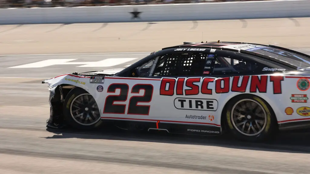 Joey Logano is done for the day after a hard crash into Cole Custer on pit road during the Wurth 400 at Texas Motor Speedway.