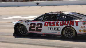 Joey Logano is done for the day after a hard crash into Cole Custer on pit road during the Wurth 400 at Texas Motor Speedway.