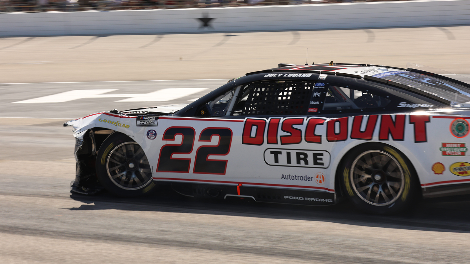 Joey Logano is done for the day after a hard crash into Cole Custer on pit road during the Wurth 400 at Texas Motor Speedway.