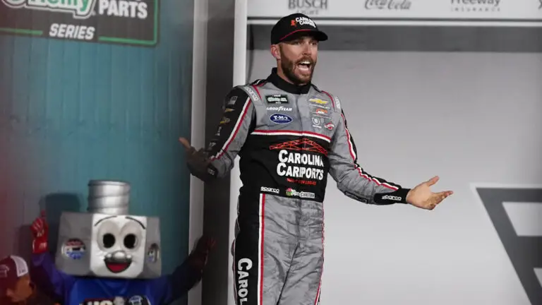 Ross Chastain claimed a rain-shortened victory in the NASCAR O'Reilly Auto Parts Series Charbroil 300 at Charlotte Motor Speedway