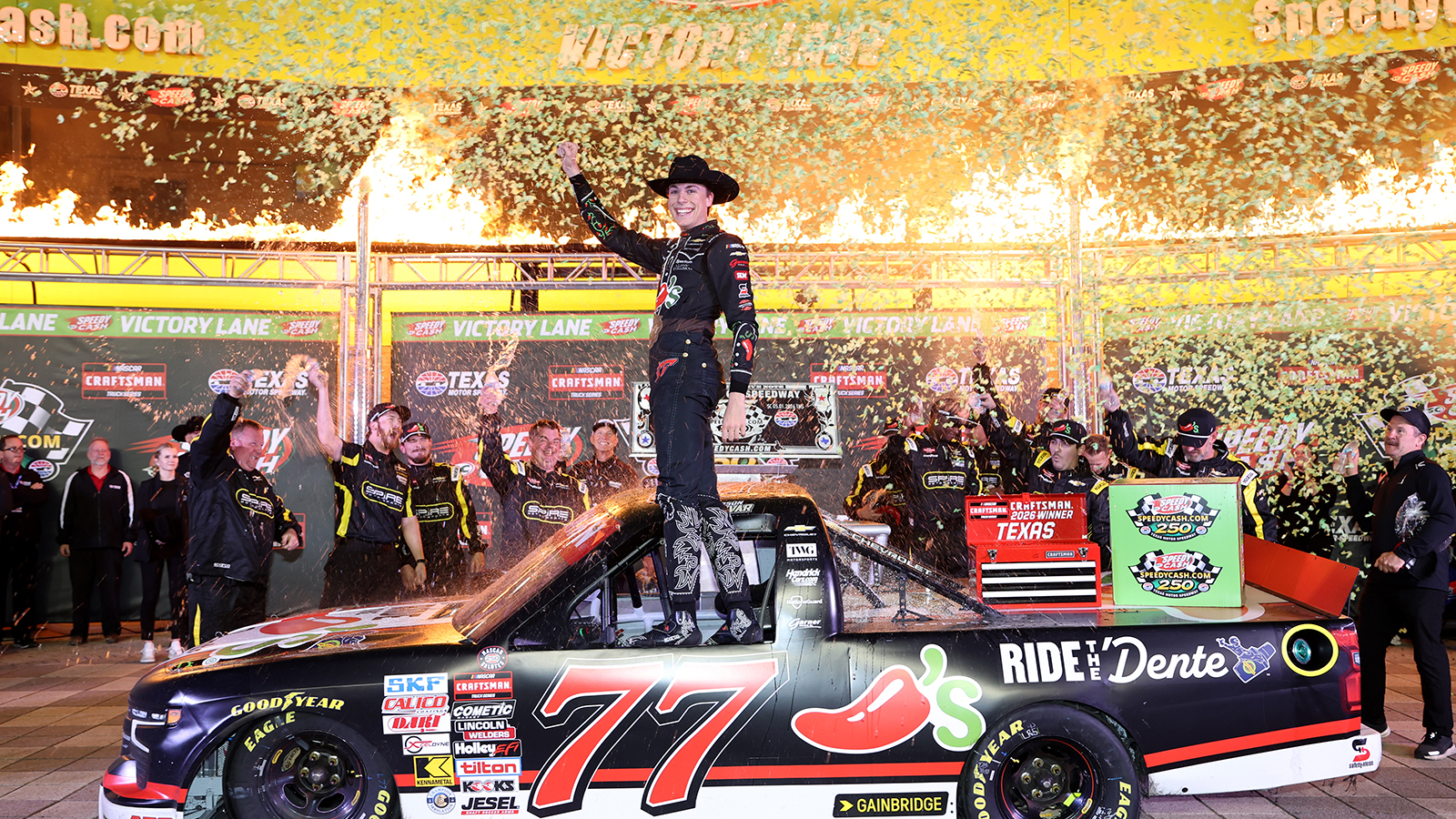 Carson Hocevar took the race win in Friday night's SpeedyCash.com NASCAR Truck Series race at Texas Motor Speedway.