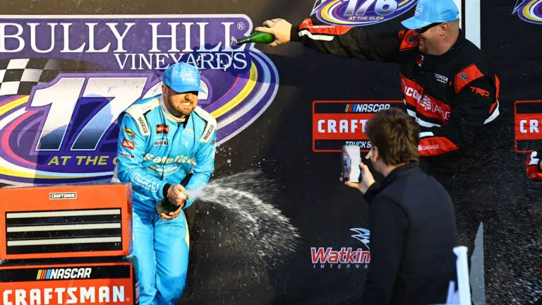 Kaden Honeycutt celebrates his first career NASCAR Craftsman Truck Series win in the Bully Hill Vineyards 176 at the Glen