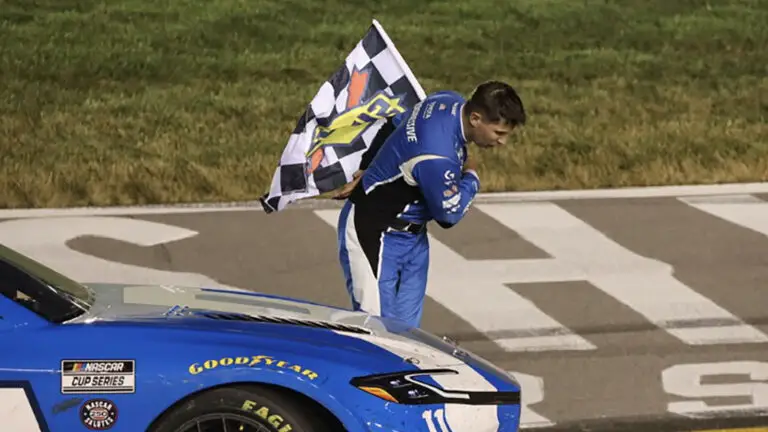 Denny Hamlin honors Kyle Busch with a bow after his win in the Cracker Barrel 400 at Nashville Superspeedway.