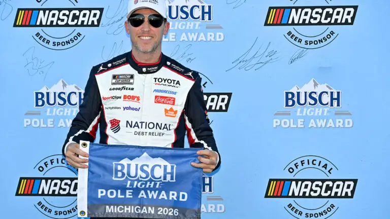 Denny Hamlin captured the pole position for Sunday's NASCAR Cup Series FireKeepers Casino 400 at Michigan