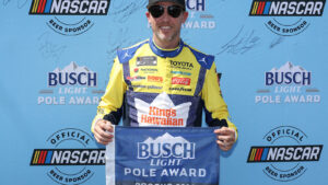 Denny Hamlin secured the pole position for Sunday's The Great American Getaway 400 at Pocono Raceway