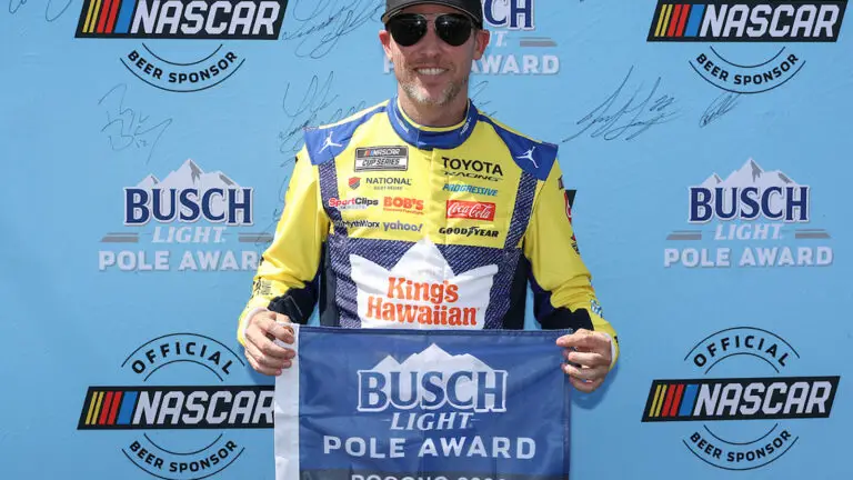 Denny Hamlin secured the pole position for Sunday's The Great American Getaway 400 at Pocono Raceway