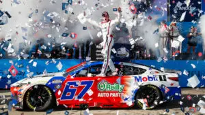 Corey Heim celebrates his first career NASCAR Cup Series win which came in Sunday's Anduril 250 at Naval Base Coronado.