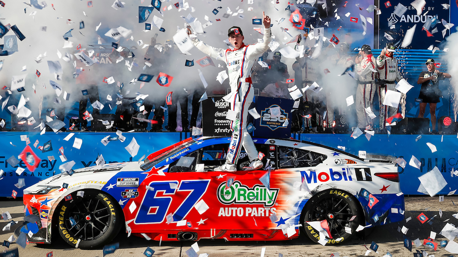 Corey Heim celebrates his first career NASCAR Cup Series win which came in Sunday's Anduril 250 at Naval Base Coronado.