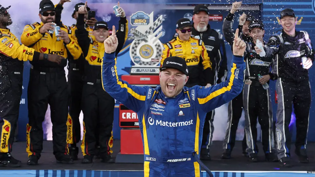 Layne Riggs took a dramatic victory in Friday's NASCAR Craftsman Truck Series Navy 250 at Naval Base Coronado.