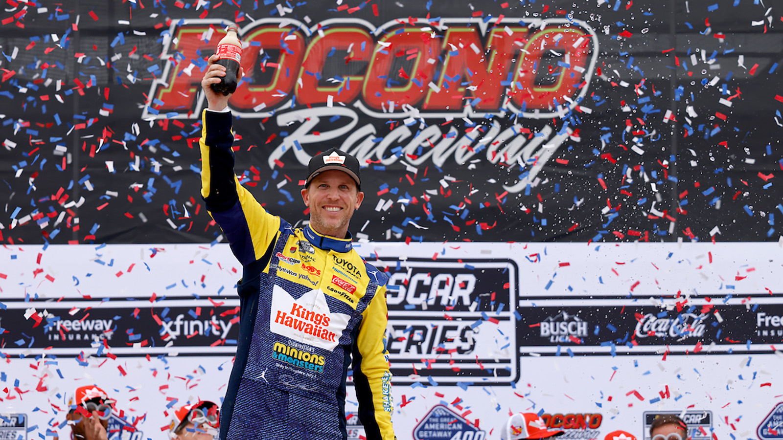 Denny Hamlin celebrates a win in The Great American Getaway 400 at Pocono Raceway on June 14, 2026.