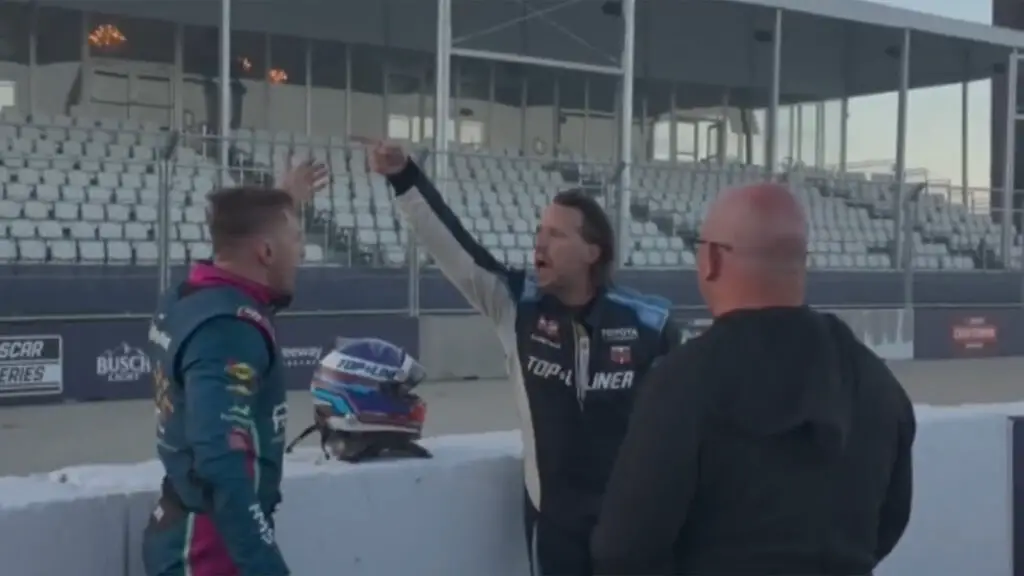 Parker Kligerman and Adam Andretti have a heated discussion on pit road after the Navy 250 at Naval Base Coronado