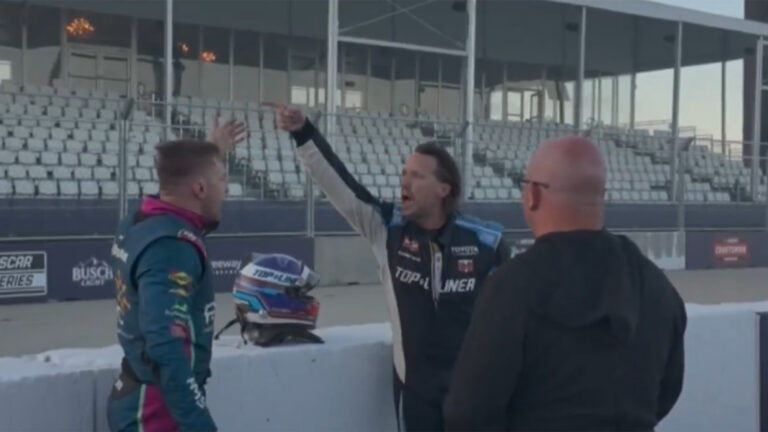 Parker Kligerman and Adam Andretti have a heated discussion on pit road after the Navy 250 at Naval Base Coronado