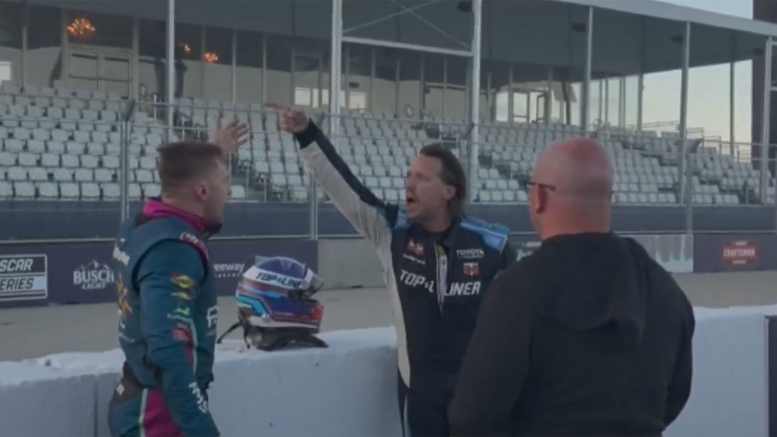Parker Kligerman and Adam Andretti have a heated discussion on pit road after the Navy 250 at Naval Base Coronado