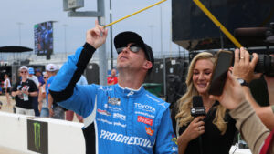 Denny Hamlin was thankful that clouds didn't roll into Chicagoland Speedway sooner on Saturday as he scored the pole position for the eero 400.