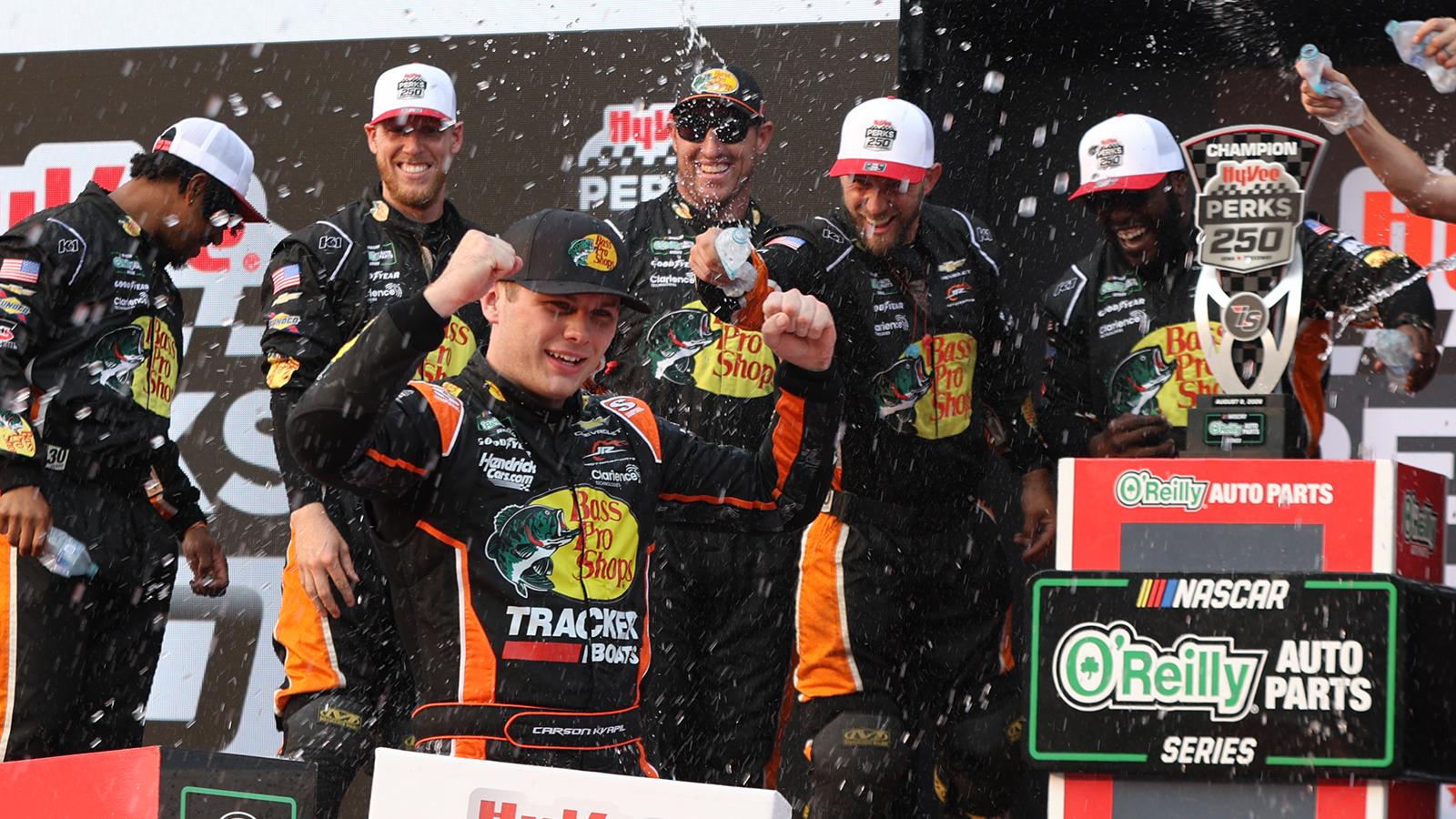 Carson Kvapil celebrates a win in the Hy-Vee Perks 250 NASCAR O'Reilly Auto Parts Series race at Iowa Speedway