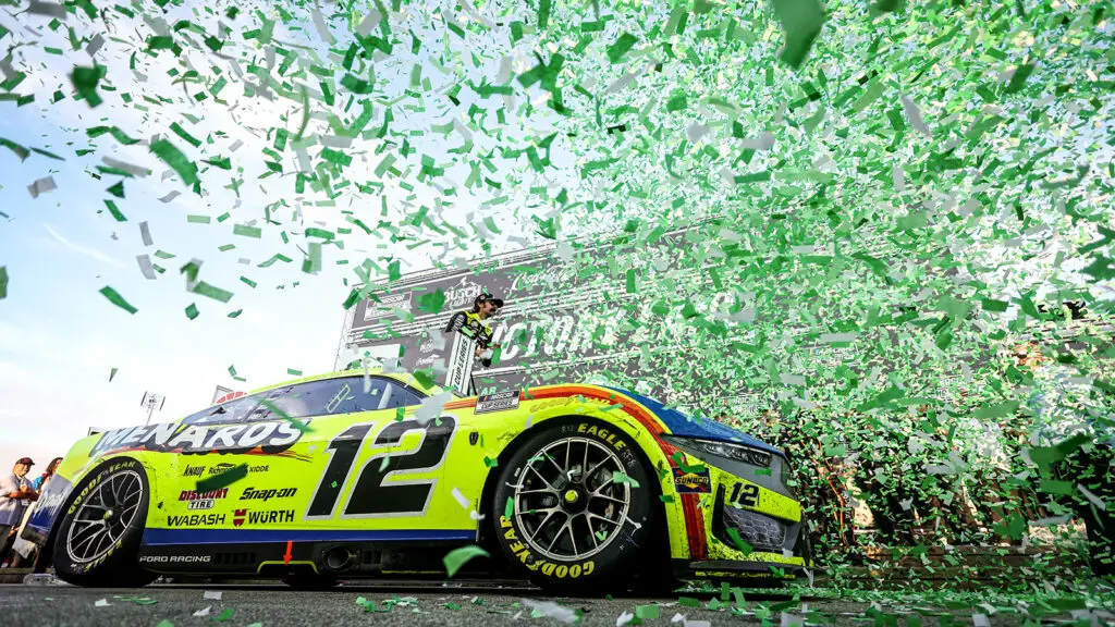 Ryan Blaney celebrates a win in the Dollar Tree 301 at New Hampshire Motor Speedway