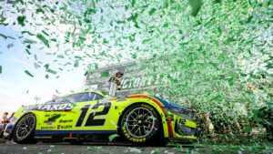 Ryan Blaney celebrates a win in the Dollar Tree 301 at New Hampshire Motor Speedway