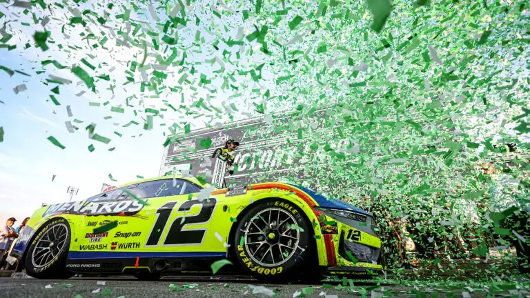 Ryan Blaney celebrates a win in the Dollar Tree 301 at New Hampshire Motor Speedway
