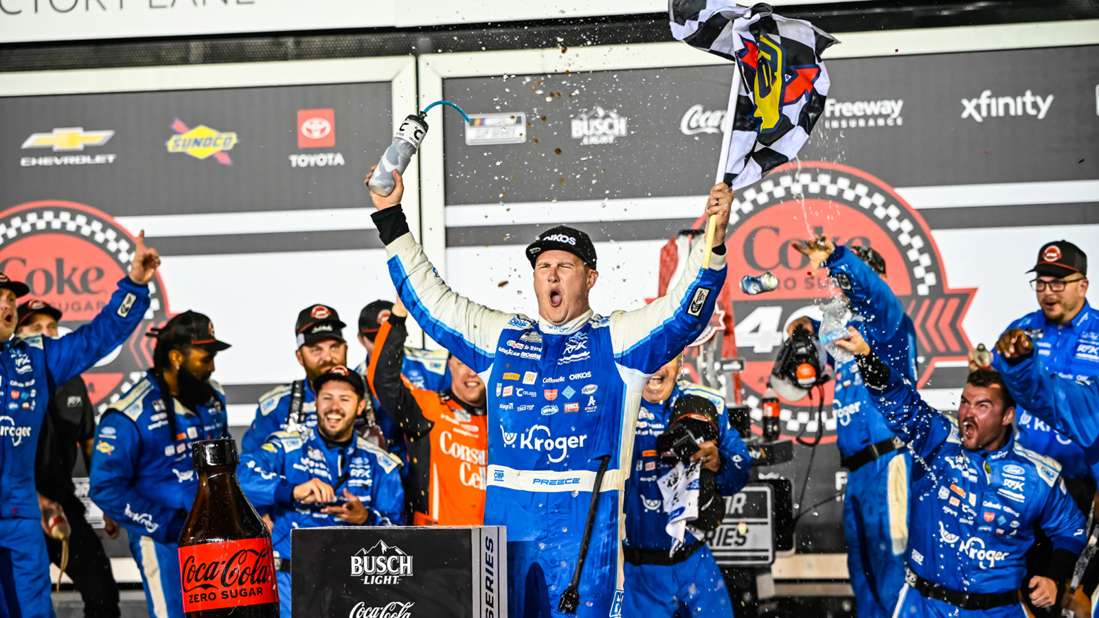 Ryan Preece celebrates his first career NASCAR Cup Series win in the Coke Zero Sugar 400 at Daytona International Speedway