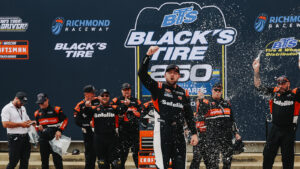 Kaden Honeycutt celebrates a victory in the 2026 Black's Tire 250 at Richmond Raceway