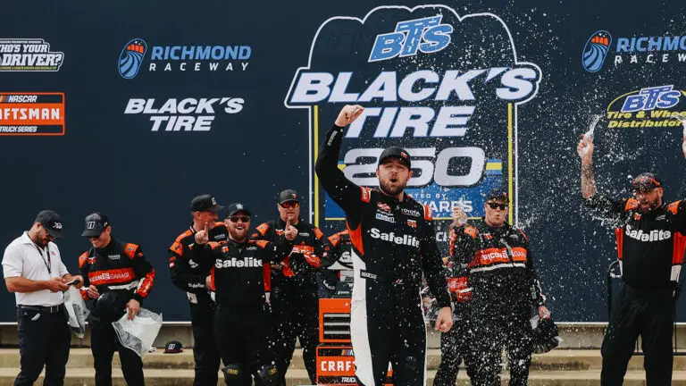 Kaden Honeycutt celebrates a victory in the 2026 Black's Tire 250 at Richmond Raceway