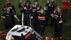 Kaden Honeycutt and his team celebrate a win in the Race to Stop Suicide 200 at Kansas Speedway