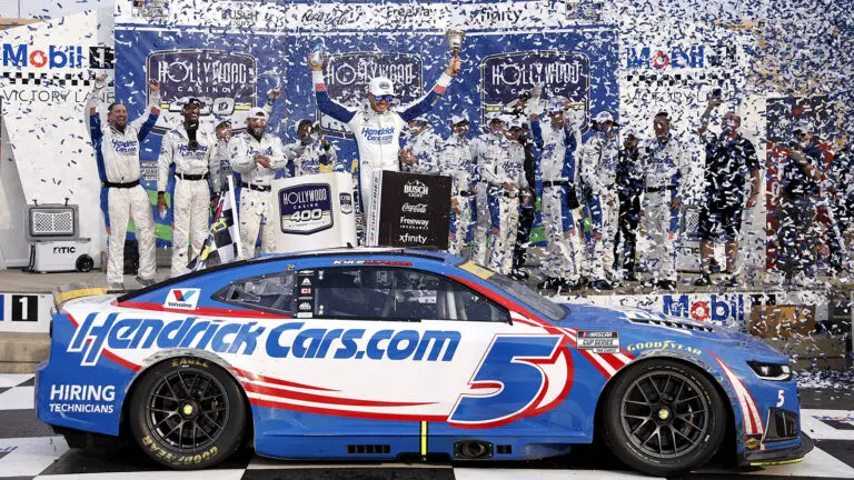Kyle Larson celebrates a win in the Hollywood Casino 400 at Kansas Speedway, here are the full race results.
