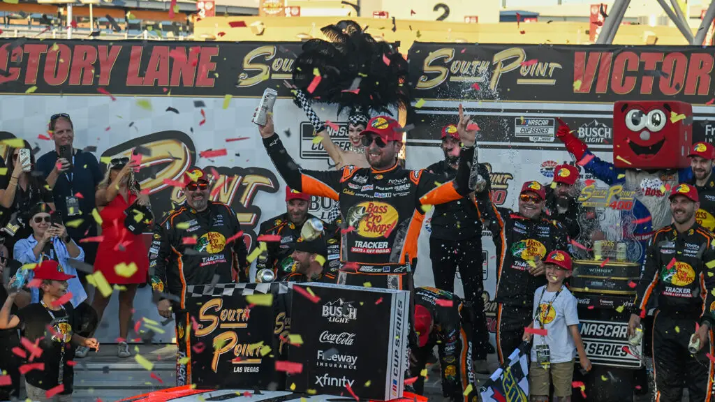 Chase Briscoe celebrates a win in the South Point 400 at Las Vegas Motor Speedway.