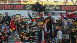 Chase Briscoe celebrates a win in the South Point 400 at Las Vegas Motor Speedway.