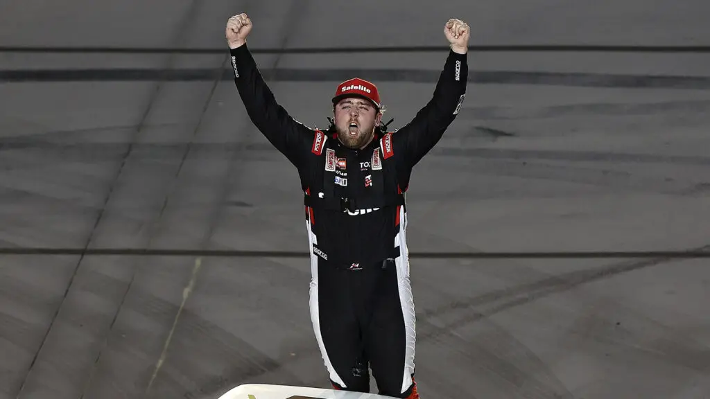 AVONDALE, ARIZONA - OCTOBER 16: Kaden Honeycutt, driver of the #11 Safelite Toyota, celebrates after winning the NASCAR Craftsman Truck Series Zero Carbon Bioethanol 150 Powered by POET at Phoenix Raceway on October 16, 2026 in Avondale, Arizona.