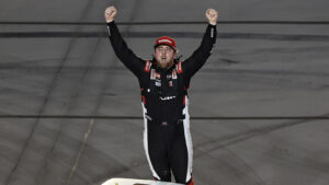 AVONDALE, ARIZONA - OCTOBER 16: Kaden Honeycutt, driver of the #11 Safelite Toyota, celebrates after winning the NASCAR Craftsman Truck Series Zero Carbon Bioethanol 150 Powered by POET at Phoenix Raceway on October 16, 2026 in Avondale, Arizona.