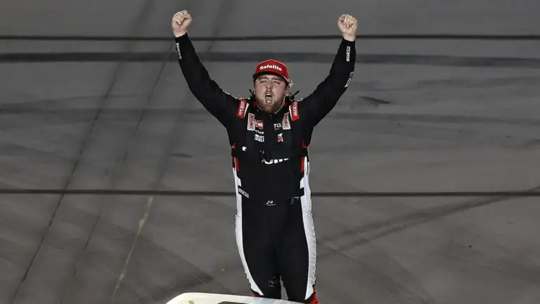 AVONDALE, ARIZONA - OCTOBER 16: Kaden Honeycutt, driver of the #11 Safelite Toyota, celebrates after winning the NASCAR Craftsman Truck Series Zero Carbon Bioethanol 150 Powered by POET at Phoenix Raceway on October 16, 2026 in Avondale, Arizona.