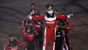 Jesse Love celebrates a win in the Timberland PRO 200 NASCAR O'Reilly Auto Parts Series race at Phoenix Raceway