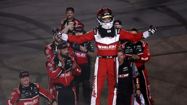 Jesse Love celebrates a win in the Timberland PRO 200 NASCAR O'Reilly Auto Parts Series race at Phoenix Raceway