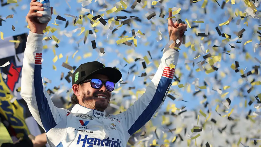 Kyle Larson celebrates a win in the YellaWood 500 at Talladega Superspeedway.