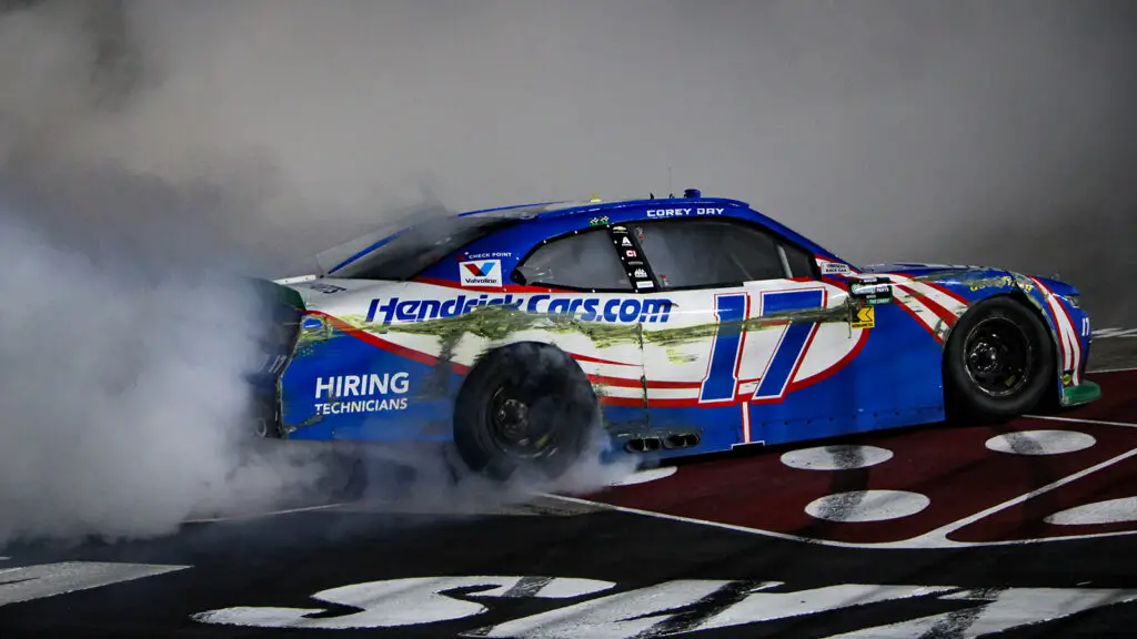 Corey Day performs a burnout after winning the Focused Health 302, here are the full race results