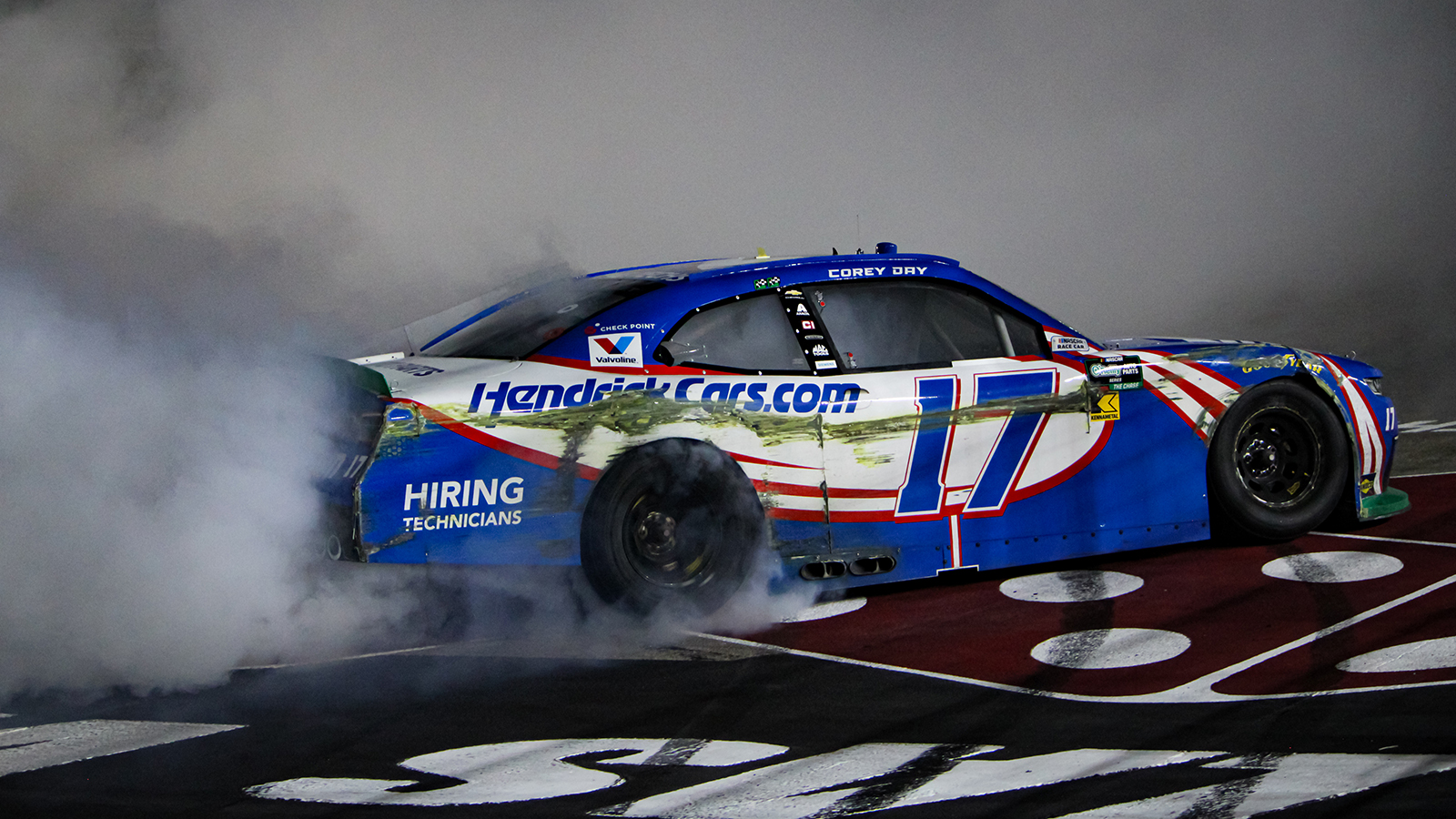 Corey Day performs a burnout after winning the Focused Health 302, here are the full race results