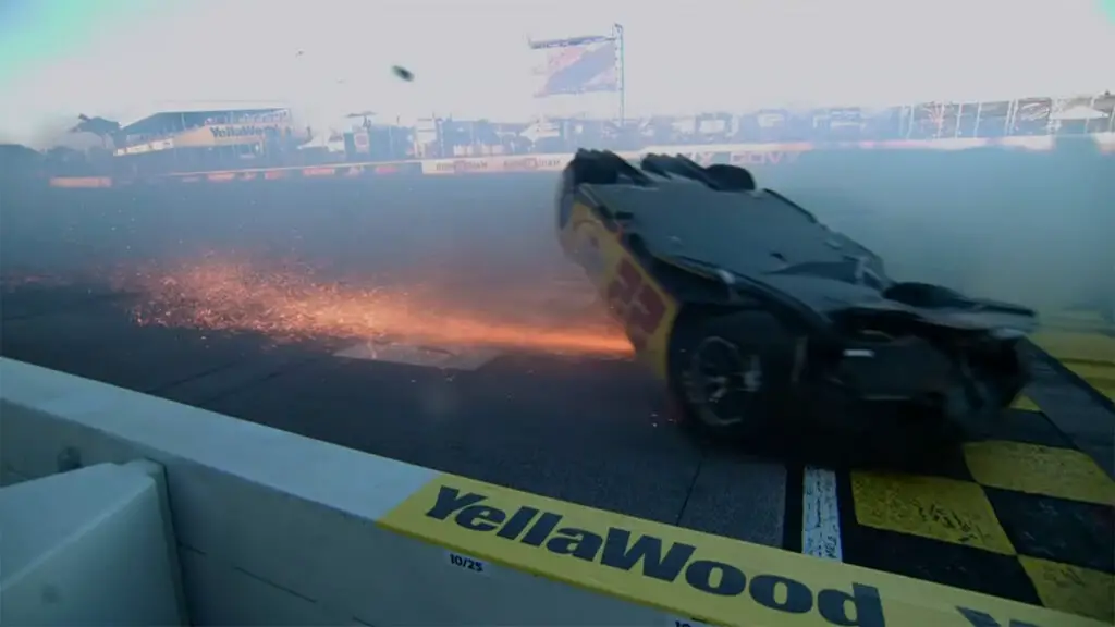 Joey Logano sent for a wild flip with five laps remaining in the YellaWood 500 at Talladega