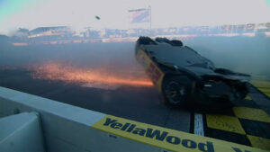 Joey Logano sent for a wild flip with five laps remaining in the YellaWood 500 at Talladega